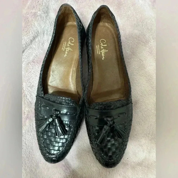 Cole Haan Black Leather Basket Weave Tassel Loafers Size 9 1/2AA Narrow - Picture 2 of 9
